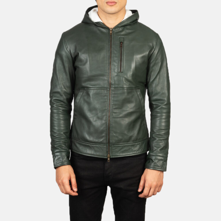 Mens Baston Green Hooded Leather Bomber Jacket Close Front-5-1634135609576